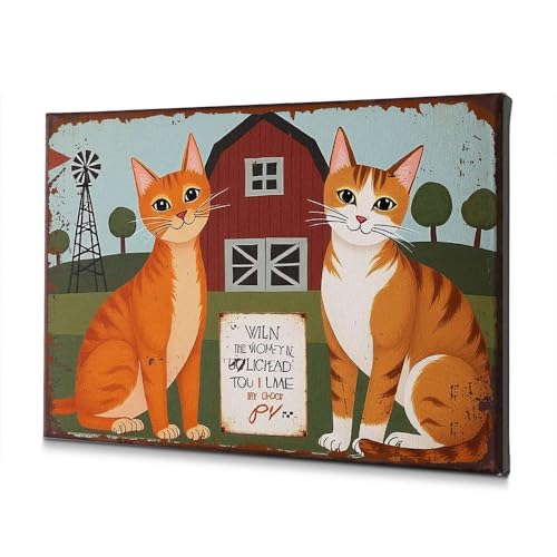 Tableau sur toile deux chats assis devant une grange PKRD 40x60cm