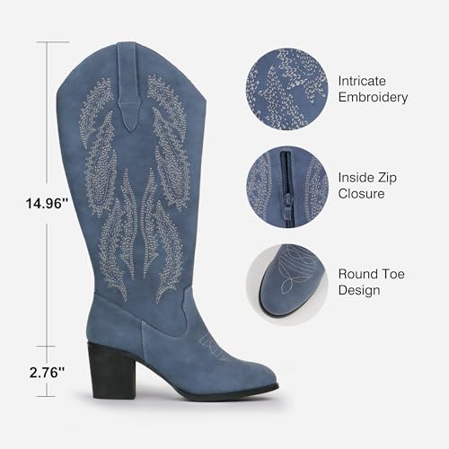 Cowboy Boots For Women Retro Classic Embroidered Western Boots Cowgirl Boots with Chunky Block Heel Pull On Side Zipper Round Toe Mid Calf Boots4