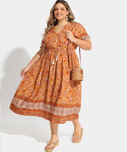 RITERA Plus Size Midi Dress for Women 2025 Casual V NeckShort Sleeve Ruffle Flowy Boho Drawstring Tassel Waist XL-5XL4