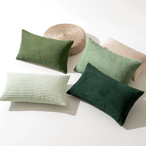 Image of MIULEE Boho Farmhouse Sage Green Throw Pillow Covers 12x20 Inch Set of 4 Mordern Nordic Cushion Covers Soft Corduroy Spring Home Decor for Couch Bed Sofa Living Room Forest Green