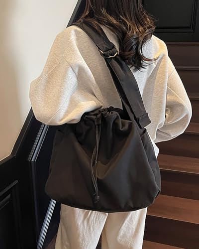 Casual Nylon Shoulder Tote Bag for Women Large Lightweight Canvas Travel Crossbody Purse Handbags with Drawstring2