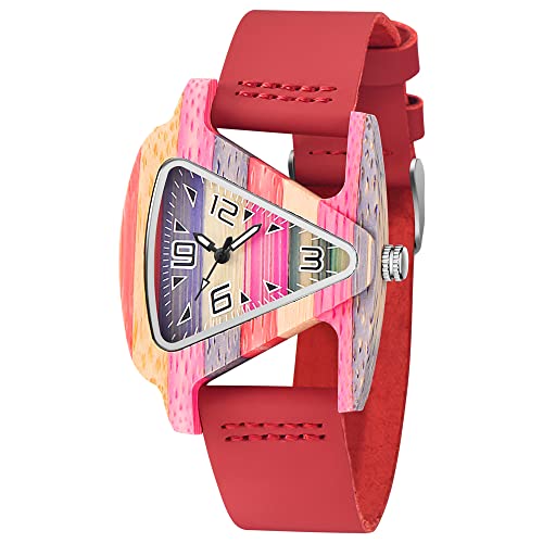 Unique Triangle Wooden Watch Ladies Quartz Watches ，Leather Wristband Ladies Watch, Wooden Watch Leather Band Gifts For Women -Red #TOP22