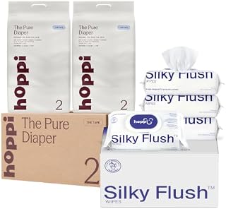 Hoppi Pure Baby Diapers + Flushable Wipes Bundle, Size 2, 112 + 224 Count | TCF Comfort, Breathable Softness, 99% Water Wipes for Rolling Babies, Daycare, Travel and Gentle Sensitive Skin Care