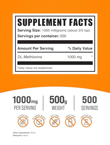 BULKSUPPLEMENTS.COM DL-Methionine Powder - Methionine Supplement - Amino Acids Supplement - Choline Supplement - Amino Acid Nutritional Supplements (500 Grams - 1.1 lbs)
