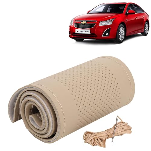 Image of KINGSWAY PU Leatherite Car Steering Cover Sewable Compatible with Chevrolet Cruze (Year 2008-2017), Beige Color with Beige Thread, Pack of 1 with Sewing Needle and Thread