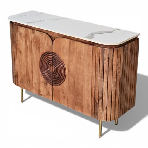 Image of Solid Wood Mandala Sideboard Cabinet with Sintered Stone Top for Living Room | Dark Teak Finish Lacquered | 119.8 cm (W) x 39.8 cm (D) x 85 cm (H)
