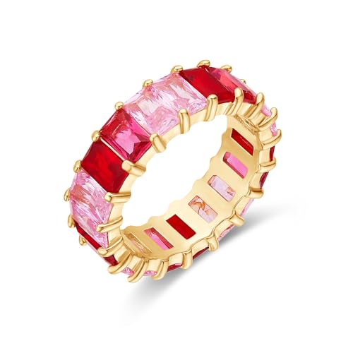 AFFY Eternity Rainbow Ring 18K Gold Plated Emerald-Cut Multi Color AAA Created-Gemstone Rainbow Ring, Stackable Ring, Wedding Band for Women, Gift For Her