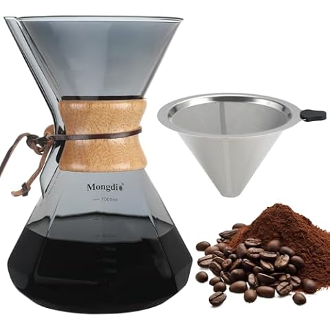 Mongdio 34oz/1000ml Pour Over Coffee Maker with Reusable Stainless Steel Filter and Wooden Collar Holder, 6-8 Cups Borosilicate Glass Coffee Maker for Camping Home, Gray Cover