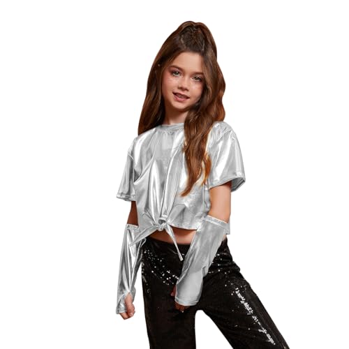 Image of Perfashion Girls Metallic Shirts Shiny Tie Front Knot Crop Top with Arm Sleeves for Dancing Raves Festivals 4-15 Years