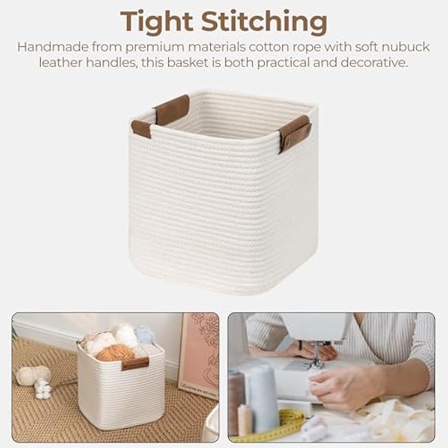 StorageWorks White Woven Baskets, Cotton Rope Basket with Leather Decoration, Storage Organizer for Shelves, Closest, Living Room,11 inch, 3 Pack