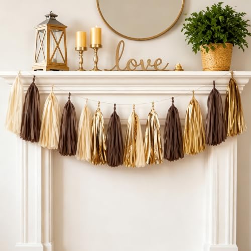 Image of Brown Tan Beige Cream Gold DIY Tissue Tassel Garland Party Tassel Banner Bunting Streamer for Boho Rustic Neutral Wedding Bridal Shower Western Party Decoration