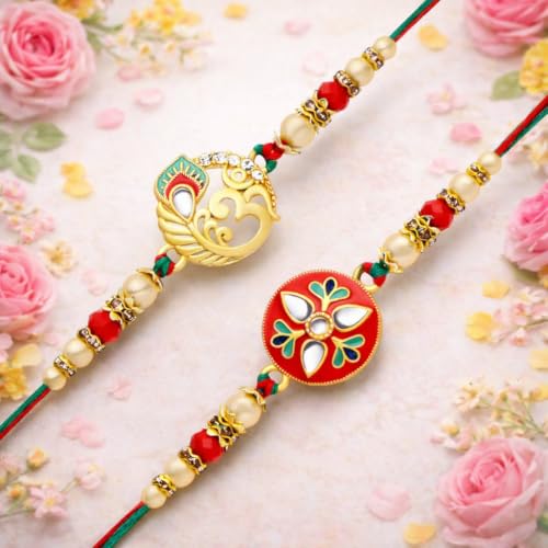 Image of Riddhika Ventures Glorious Gold Plated Religious Diamond Ring Rakhi || Traditional Rakhi Set of 2 & Festive Gift || Rakhi Gift Combo for Brother