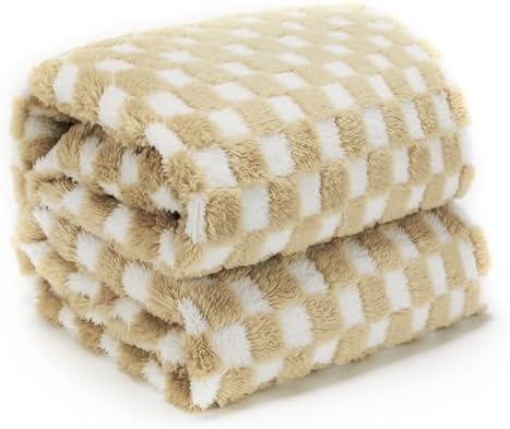 CozyRest Flannel Throw Blanket Super Soft Lightweight Bed Blanket 3D Checkered Pattern All-Season Cozy, Plush Bed Couch Blanket for Adults (Khaki, Throw)