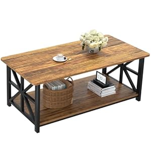 GreenForest Coffee Table with Round Corner, Farmhouse Center Table with 2-Tier Storage Shelf X-Frame Design for Living Room, 39 inch Walnut