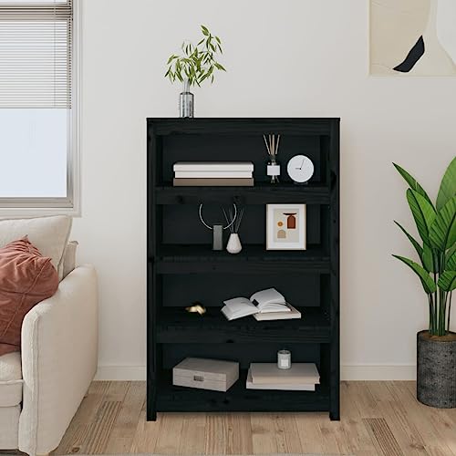 Librería negra de madera con amplio espacio para libros y decoración en el hogar 4