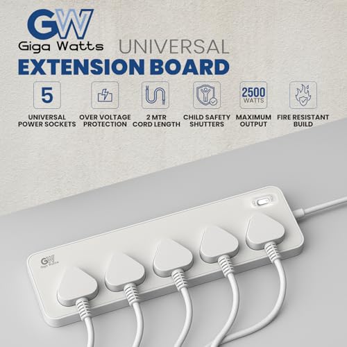 Image of GIGAWATTS 5-in-1 Power Extension Board 5 Universal Sockets 2500W 2Mtr Heavy Duty Cord 250V Fireproof Child-Safe Surge Protector for Home Appliances Travel & Outdoor Power Tools (6 Months Warranty)