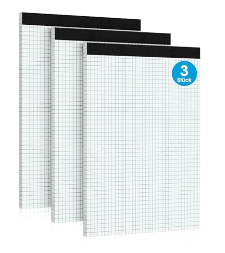 Roneky Notizblock A4 Kariert Notizblöcke, 3 Stück Schreibblock, 4x4 Notizblock Kariert A4, 30 Blatt Millimeterpapier Block Karierter Block A4 Karierter liniertes Papier für Haus, Büro, Schule