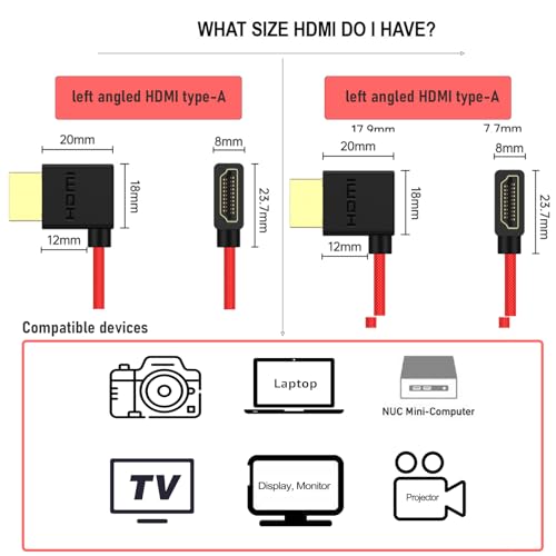 Image of Left-Angle HDMI, 8K 60p 4K 120p Cable for ATOMOS Ninja V, Lumix S5II GH5, Sony A7S3 A7RV A7IV Canon C70 Z9 Camera FEELWORLD BMD, Type A HDMI 2.1, Braided Coiled 50cm