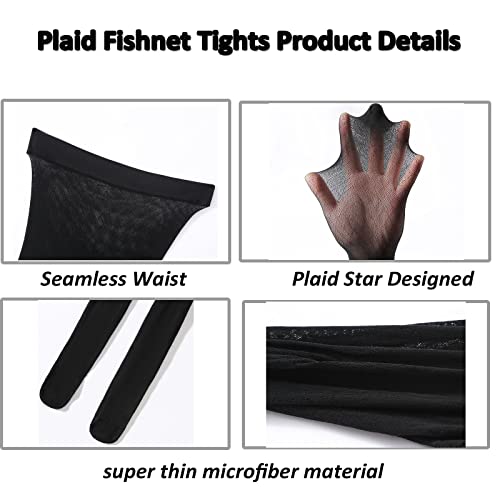 Black Plaid Fishnet Tights - 2 Pack Utra Comfy Patterned Fish net Pantyhose, Soft Seamless Waist Hollow Out Mesh Stockings, See Through Leggings One Size4