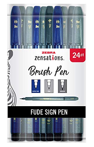 Zebra Pen Zensations Brush Pen, Assorted Brush Tip Size, Black Water-Resistant Ink, 24-Pack
