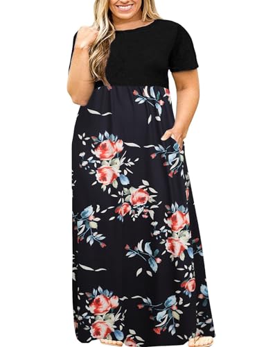 Image of Kancystore Women's Plus Size Maxi Dress with Pockets Summer Dresses XL-5X | Plus Size High Waisted Long Length Beach Dress, Empire Waist Round Neck Casual Dress, Solid Striped Floral Tie Dye Colors