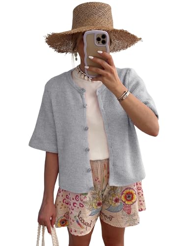 LOMON Womens Spring Summer Short Sleeve Cardigan Sweaters Trendy Crew Neck Button Down Lightweight Knit Outfit Y2k Clothes2