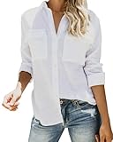 Womens Casual Button Down Long Sleeve Shirts V Neck Roll Up Cuffed Sleeve Work Solid Blouse Tops with Pockets,White X-Large