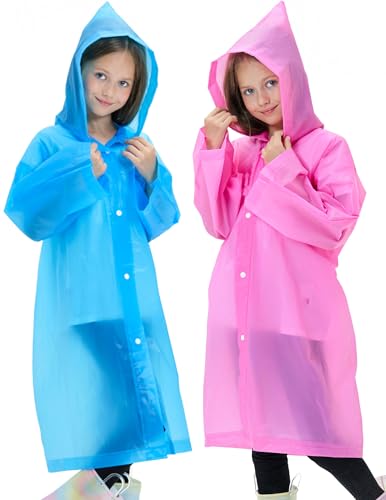 Image of 2 Pack Reusable Waterproof Raincoat EVA Emergency Rain Ponchos One Size Rain Jacket for Children, Boys and Girls