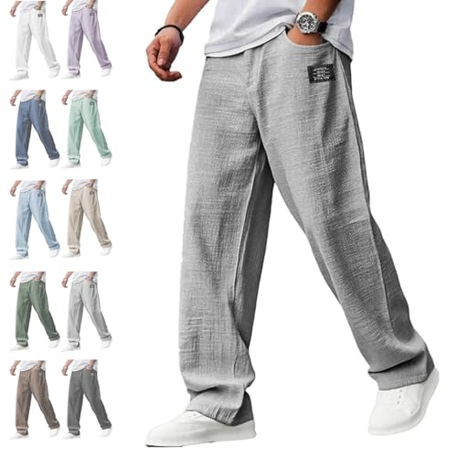 Mokaloha Mens Pants, 2025 Men's Casual Hemp Fabric Embroidered Logo Drawstring Loose Elastic Waist Pocket Trousers