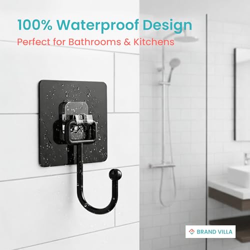Image of BRAND VILLA Black Adhesive Wall Hooks Pack of 10 - Heavy Duty No Drill Sticky Hooks for Bathroom, Kitchen & Door - Waterproof Stainless Steel Towel & Coat Holder - Strong Self Adhesive Hooks