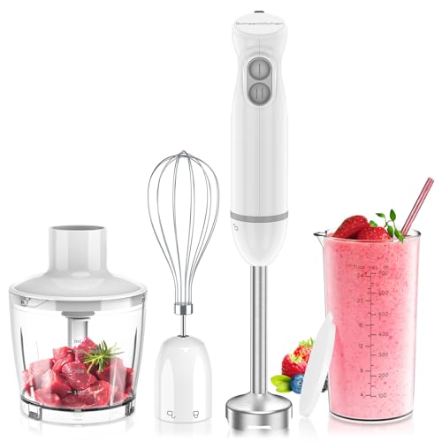 Bonsenkitchen Mixeur Plongeant, 1000 W, Acier Inoxydable, 2 Vitesses Variables, avec Hachoir, verre Doseur et Fouet, pour Préparations pour Bébés, Soupes,...