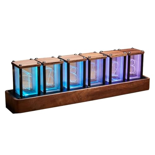 Adventurers Nixie - Reloj digital de escritorio, retro, moderno, de madera, LED, a todo color, RGB personalizado y pantalla de 12/24 horas, para decorar la habitación (requiere montaje), 11.2 x 2.35 x