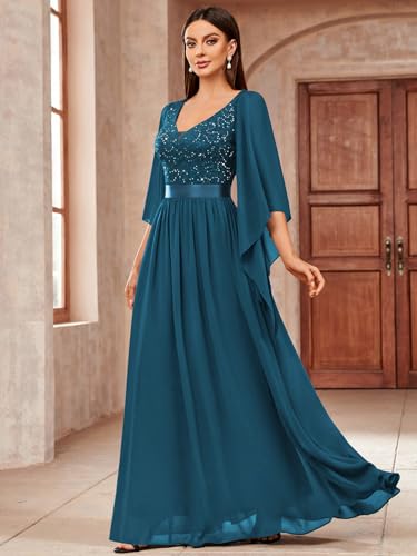 Image of Miusol Women's Deep-V Neck Lace Contrast Sequin Formal Evening Maxi Dress