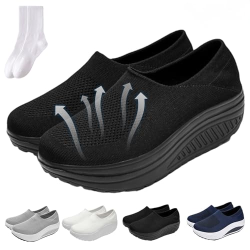 Zapatos con parte inferior basculante para mujer, zapatillas de verano de malla cómoda con plataforma ortopédica para caminar con soporte de arco para mujer, Black, 39.5 EU