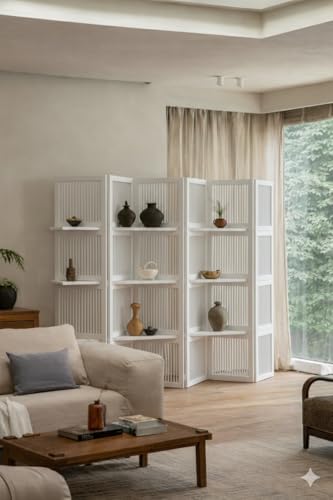 Image of Wooden Partition Divider for Living Room, Partition Wall, Privacy Divider, Freestanding Folding Panels for (6 Feet 6 Panel with 3 Shelve) (6 Feet 6 Panel Pure White)