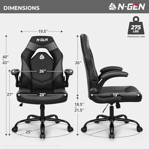 Image of N-GEN Video Gaming Chair Ergonomic Computer Desk Office Chair with Lumbar Support Adjustable Height Swivel Wheels Flip-Up Arms PU Leather Home and Office (Grey)