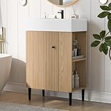 Merax Bathroom Vanity with Sink, Undermount Sinks Vanity with Side Storage, 20 Inch Free Standing Bathroom Storage Cabinet Combo Set, One Piece Sink Basin Bathroom Vanity, Oak