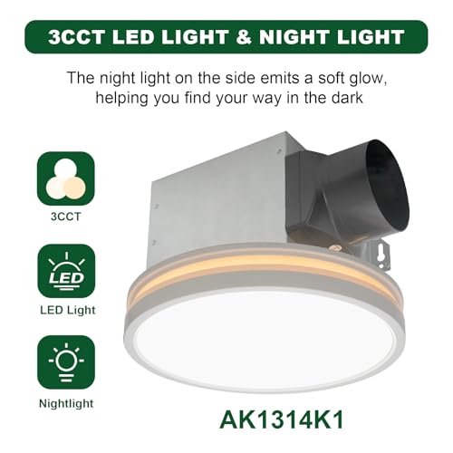 Ventilador Extractor de Baño Akicon con Luz, 80CFM, 2.0 Sones, Interruptor Dimmer, Luz LED 3CCT y Luz Nocturna, Certificado UL/HVI, Blanco miniatura 3
