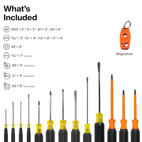 Image of Klein Tools 85814 14-Piece Screwdriver Set, 4 Precision, 5 Standard Drivers with Color-Coded Handles, 3 Insulated Screwdrivers, 1 Demolition Driver, and Magnetizer