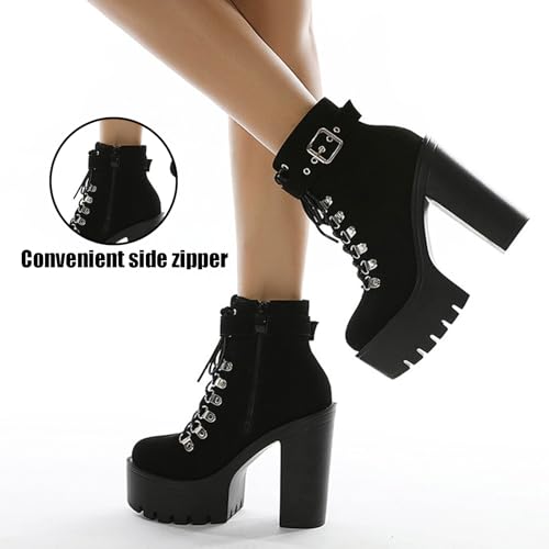 Women's Chunky Heel Platform Goth Dress Ankle Boots Classic Round Toe Lace Up Side Zipper High Block Heel Combat Bootie4