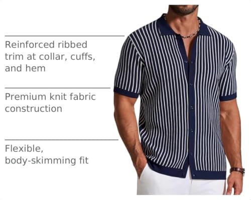 Image of COOFANDY Mens Knit Button Down Shirts Short Sleeve Polo Shirt Vintage Striped Casual Shirts