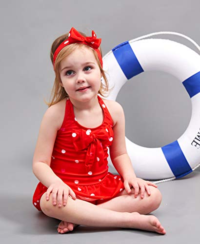 Jastore Baby Girls Swimwear One Piece Swimsuits Beach Wear With Headband (4-5T, Red) #TOP4