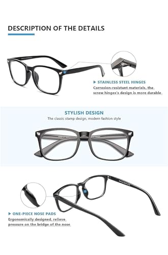 Image of Blue Light Blocking Computer Glasses for Men & Women, Square TR90 Lightweight Eyeglasses Frame, Anti Eye Strain UV Protection, Clear Lens for Gaming Office Reading