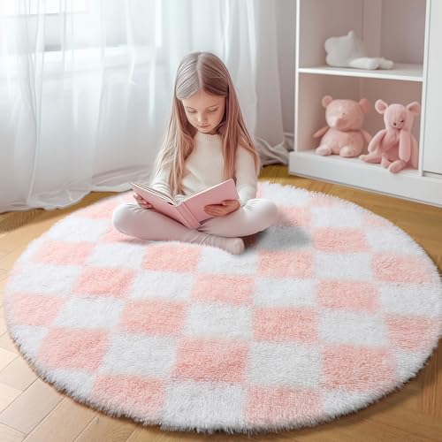 Image of KICMOR Pink Round Rug 4ft for Girls Bedroom, Fluffy Soft Circle Area Rug Cute Small Living Room Carpet, Indoor Fuzzy Shag Shaggy Checkered Circular Rugs for Kids Room Nursery Home Decor Aesthetic