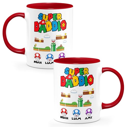 Personalized Super Daddio Mug for Dad - Custom Coffee Cup with Kids Names Two-Sided Print - Gifts for Fathers Day Dad Birthday Gift Daddio Ceramic Cup 11 Oz or 15 Oz 9 Colors