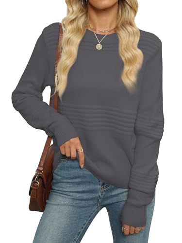 Image of Womens Long Sleeve Tops Fashion 2024 Round Neck Sweaters Ribbed Knit Pullover Sweaters Gray L