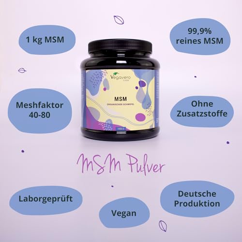 Vegavero MSM Pulver hochdosiert 1000g – Fein kristallines Methylsulfonylmethan Pulver - reiner organischer Schwefel - ohne Zusatzstoffe - Laborgeprüft & vegan