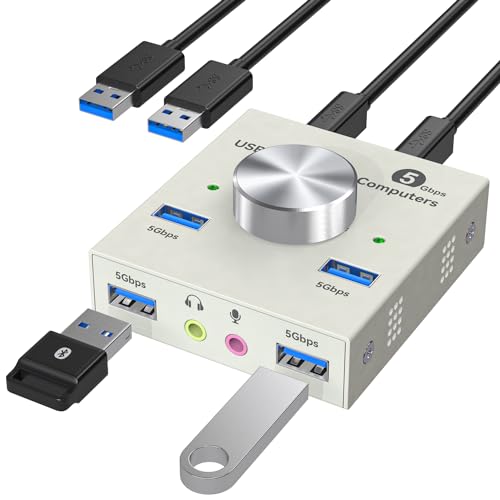Image of USB 3.0 Switch 2 Computers Sharing USB A & 3.5mm Wired Headset Devices, 4 Port USB Switcher for Keyboard and Mouse, Printer /Scanner with 2 USB3.0 Cables, Grey