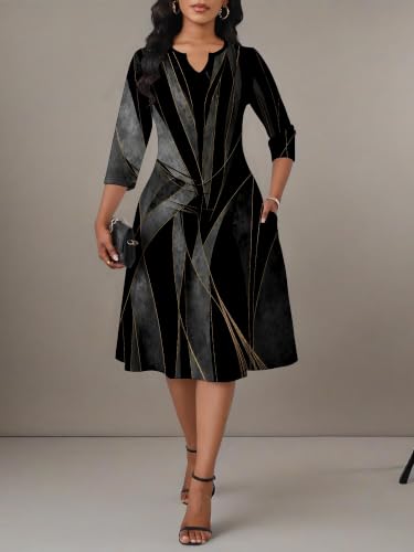 Image of PinkPatty Women's Casual 3 /4 Sleeve Midi Dresses Fit and Flare Church Work Dress with Pockets