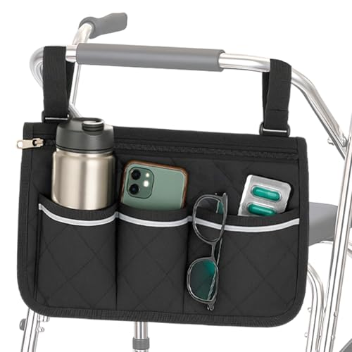 Wheelchair Side Bag Armrest Storage Pouch with Cup Holder and Reflective Straps Adjustable Hook Loop Walker Frame Bags for Most Wheelchairs Walkers Folding Rollators Seniors Mobility Aid Accessory big